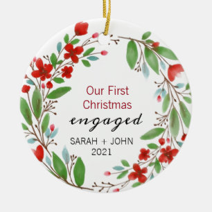 Greenery Red Wreath First Christmas Engaged Custom Ceramic Ornament