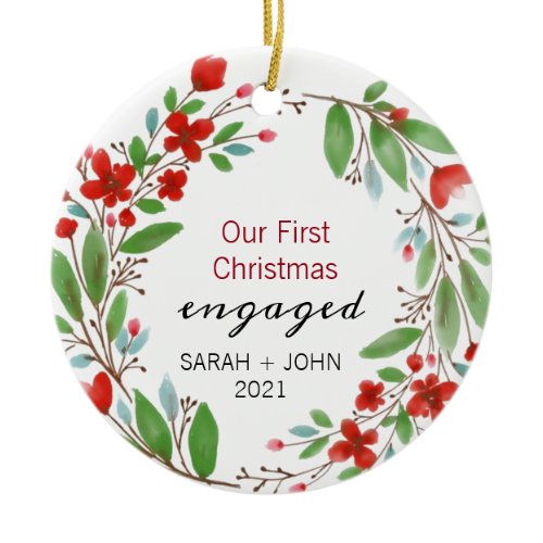 Greenery Red Wreath First Christmas Engaged Custom Ceramic Ornament
