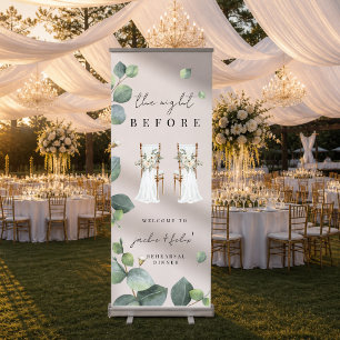 Greenery Rehearsal Dinner Welcome Sign, Elegant Retractable Banner