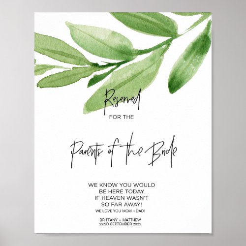 Greenery Reserved Parents of Bride Loving Memory Poster