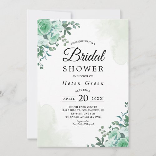 Greenery Rose Floral Watercolor Bridal Shower Invitation
