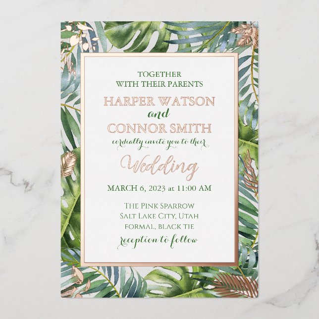 Greenery rose gold foil leaves  simple wedding foil invitation (Front)
