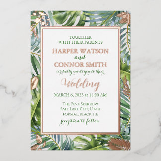 Greenery rose gold foil leaves  simple wedding invitation