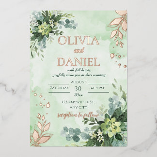 Greenery rose gold foil leaves wedding invitation