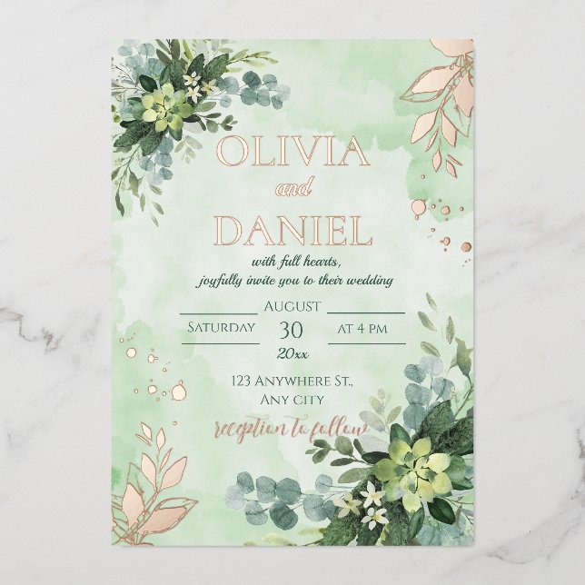 Greenery rose gold foil leaves wedding invitation (Front)