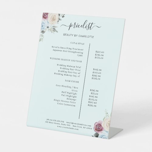 Greenery Roses Salon Price List Pedestal Sign