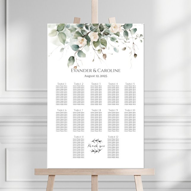 Greenery & roses wedding seating chart 12 tables (Creator Uploaded)