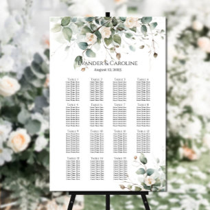 Greenery & roses wedding seating chart 15 tables