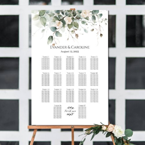 Greenery  roses wedding seating chart 17 tables