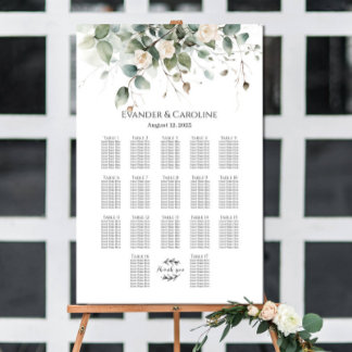 Greenery & roses wedding seating chart 17 tables
