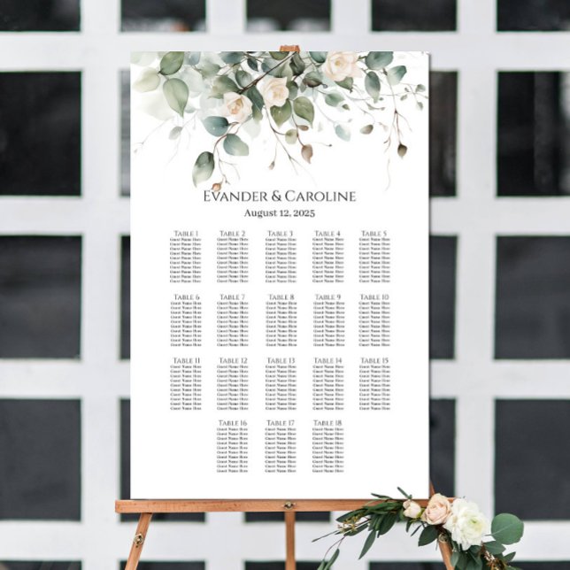 Greenery & roses wedding seating chart 18 tables (Creator Uploaded)