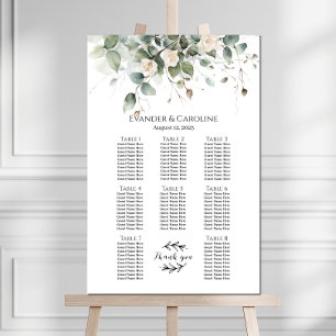 Greenery & roses wedding seating chart 8 tables
