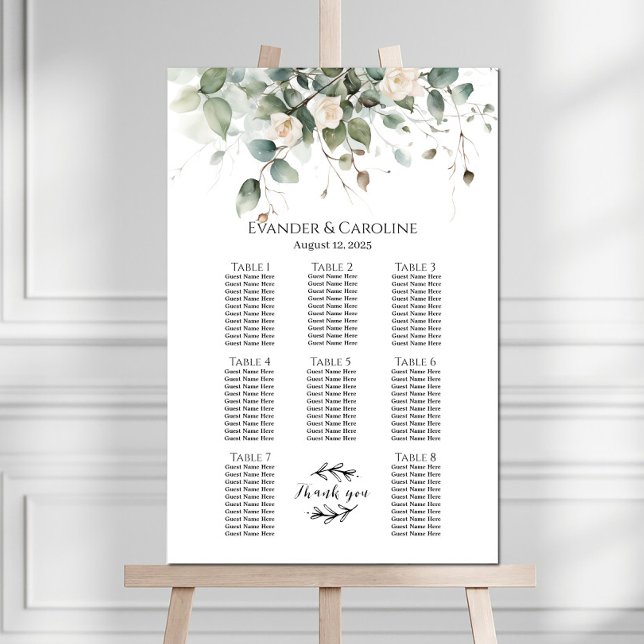 Greenery & roses wedding seating chart 8 tables (Creator Uploaded)
