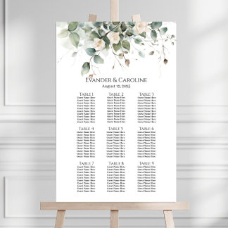 Greenery & roses wedding seating chart 9 tables