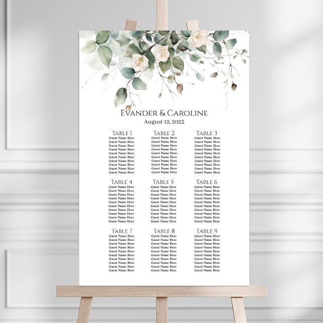 Greenery & roses wedding seating chart 9 tables (Creator Uploaded)