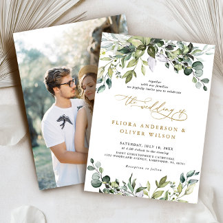 Greenery Rustic Botanical Sage green Photo Wedding Invitation