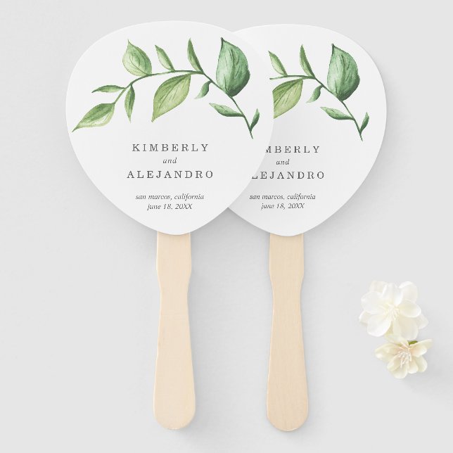 Greenery Rustic Elegant Watercolor Wedding Hand Fan (Front and Back)