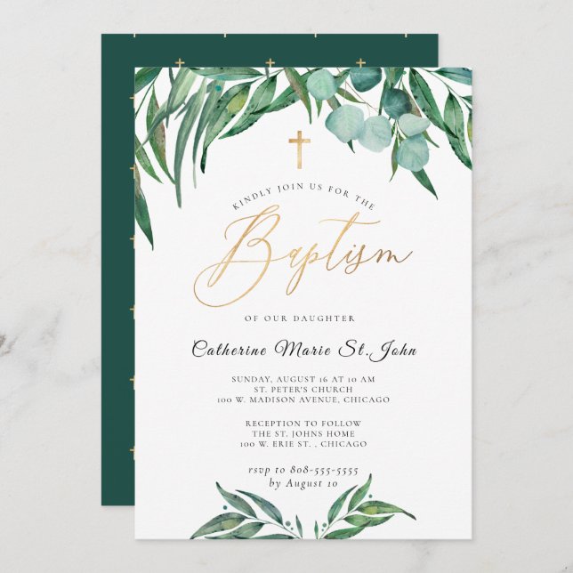 Greenery Rustic Eucalyptus Faux Gold Baptism Invitation (Front/Back)