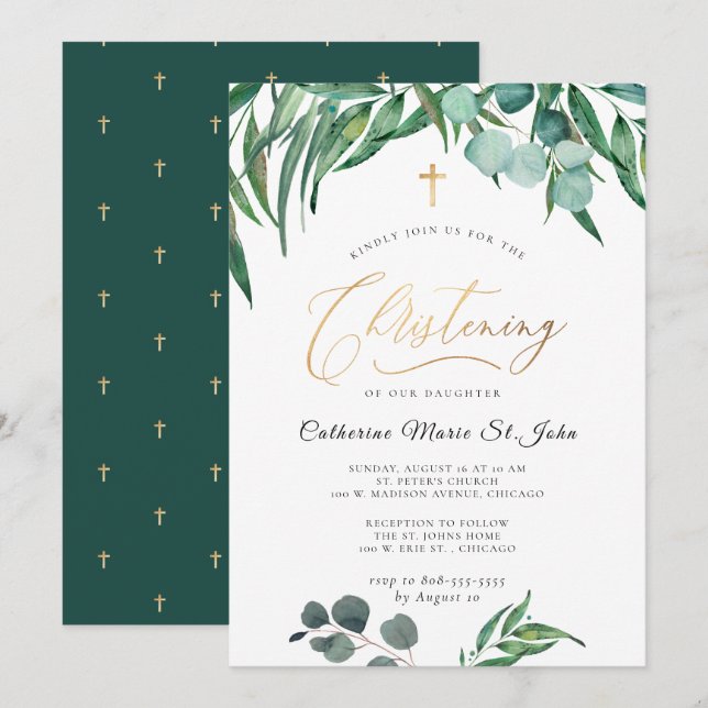 Greenery Rustic Eucalyptus Faux Gold Christening Invitation (Front/Back)