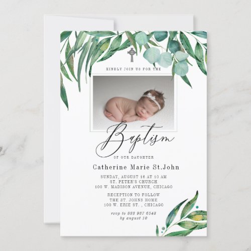 Greenery Rustic Eucalyptus Photo Baptism Invitation