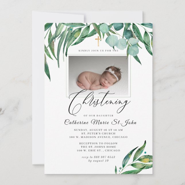 Greenery Rustic Eucalyptus Photo Christening Invitation (Front)