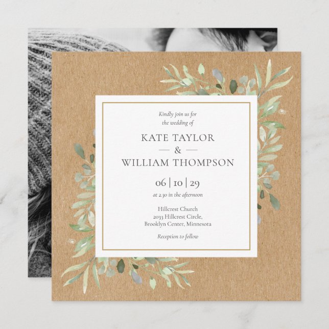 Greenery Rustic Kraft Photo Wedding Invitation (Front/Back)