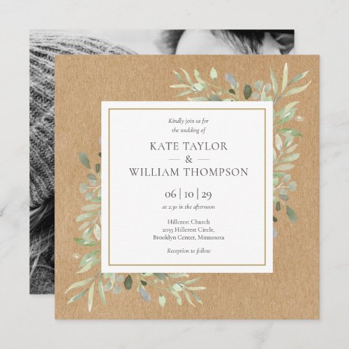 Greenery Rustic Kraft Photo Wedding Invitation