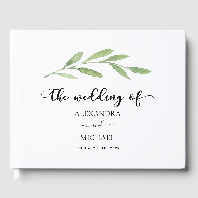 Greenery Rustic Simple Elegant Watercolor Wedding Guest Book (Front)