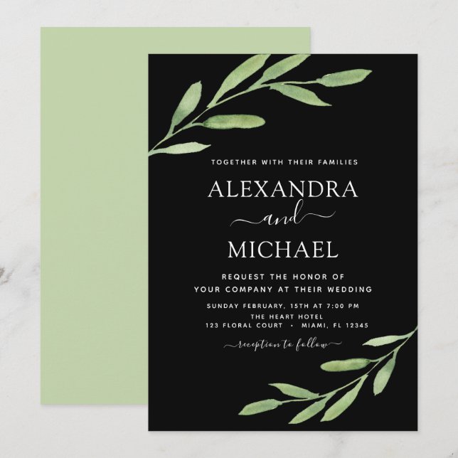Greenery Rustic Simple Elegant Watercolor Wedding Invitation (Front/Back)