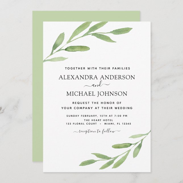 Greenery Rustic Simple Elegant Watercolor Wedding Invitation (Front/Back)