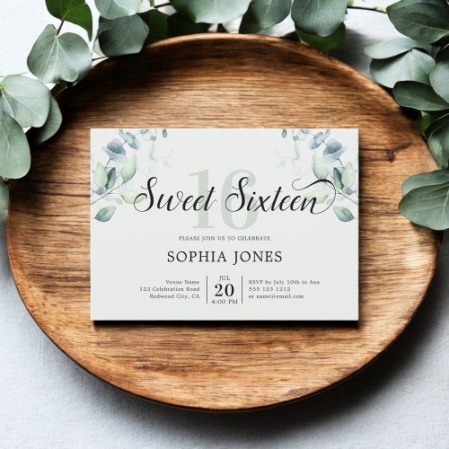 Greenery Rustic Sweet 16 Sage Green Invitation