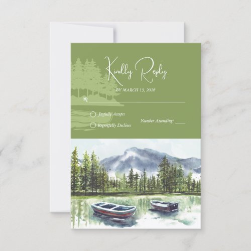 Greenery Rustic Watercolor Mountain Lake Wedding RSVP Card