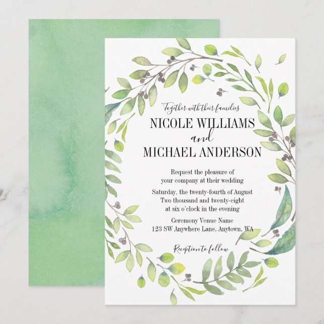 Greenery Rustic watercolor WREATH Foliage WEDDING Invitation (Front/Back)