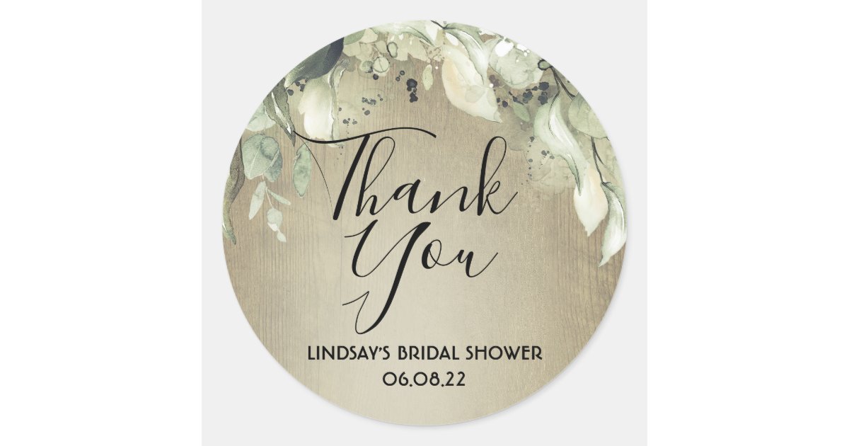Greenery Rustic Wood Bridal Shower Thank You Classic Round Sticker | Zazzle