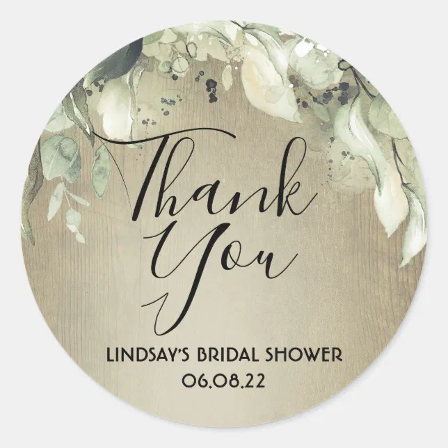 Greenery Rustic Wood Bridal Shower Thank You Classic Round Sticker | Zazzle