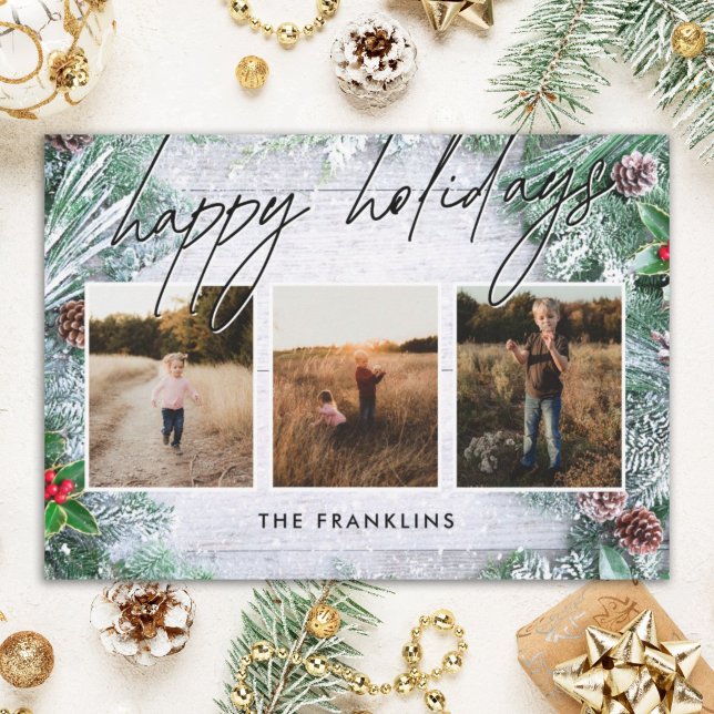 Greenery Rustic Wood Script Happy Holidays Photo  Holiday Card (Creator Uploaded)