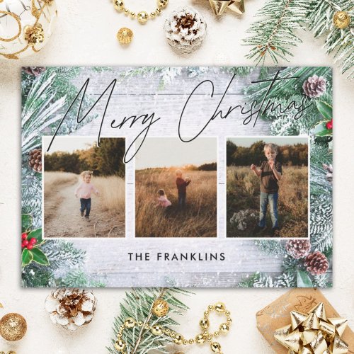 Greenery Rustic Wood Script Type Christmas Photo  Holiday Card