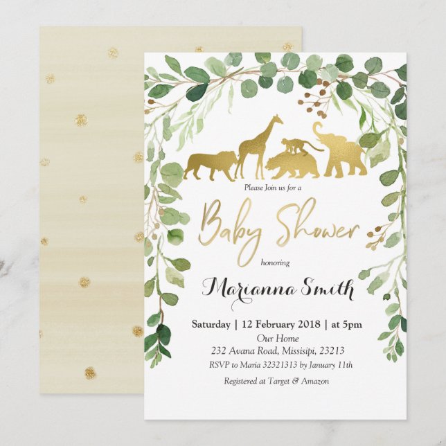 Greenery Safari Animal Baby Shower Invitation (Front/Back)
