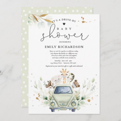 Greenery Safari Animals Drive By Baby Shower Invitation