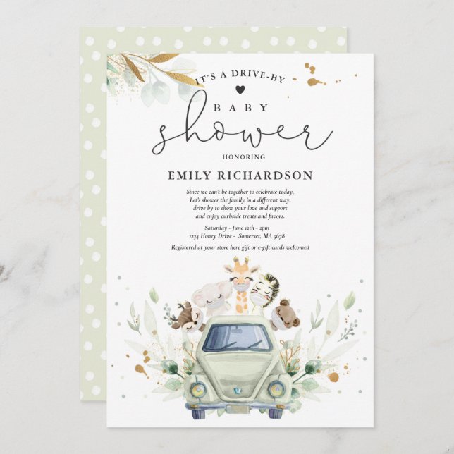 Greenery Safari Animals Drive By Baby Shower Invitation (Front/Back)