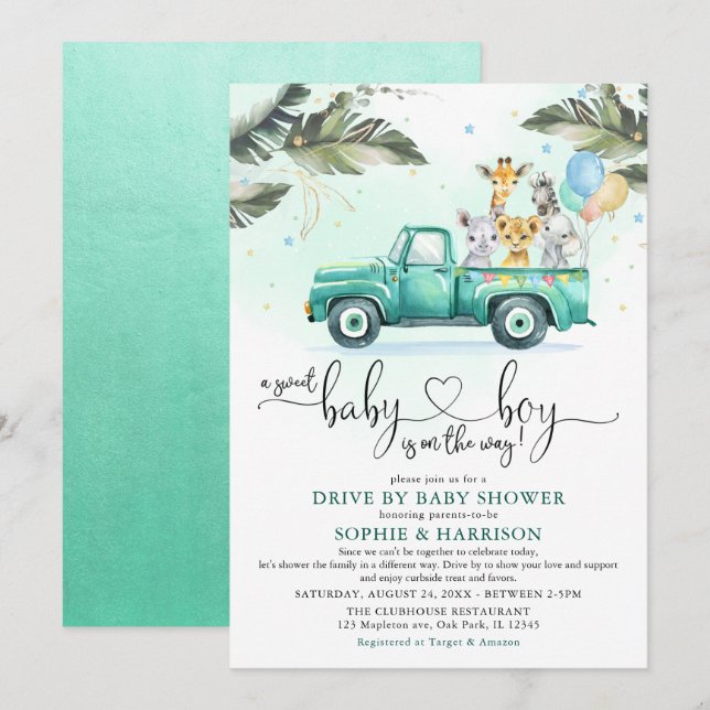 Greenery Safari Animals Drive Through Baby Shower Invitation (Front/Back)