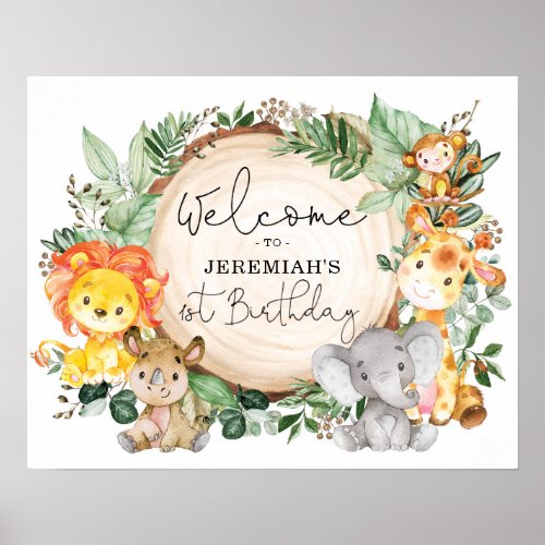 Greenery Safari Animals Wild One Birthday Welcome Poster