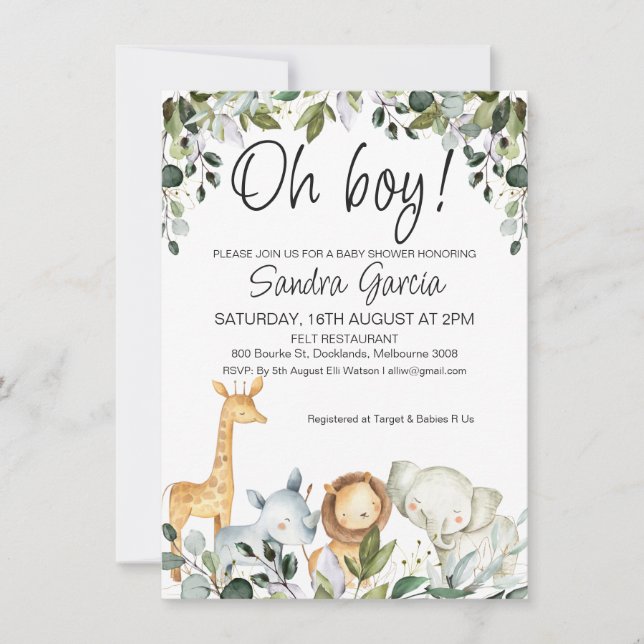 Greenery Safari Animals with Lion Baby Shower Invitation (Front)