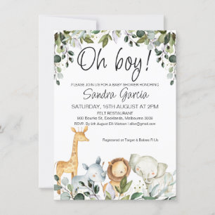 Greenery Safari Animals with Lion Baby Shower Invitation
