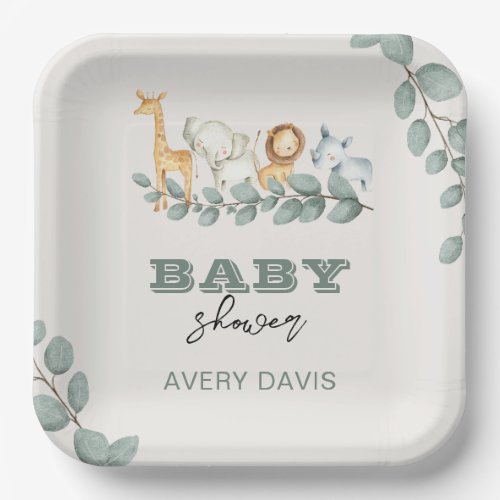 Greenery Safari Baby Shower 9 Square Paper Plates