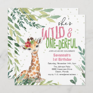Greenery Safari Giraffe Wild One 1st Birthday Invitation