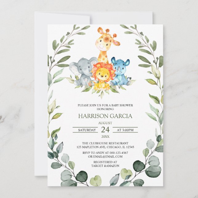  Greenery Safari Jungle Animals Baby Shower Invitation (Front)