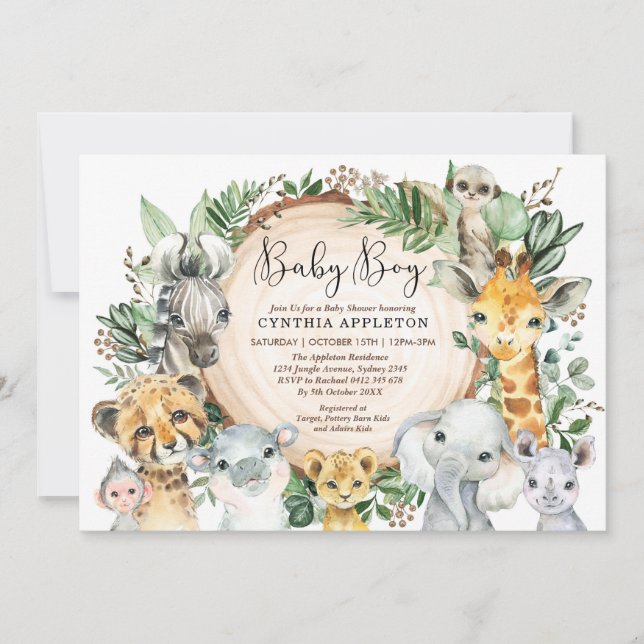 Greenery Safari Wild Animals Baby Boy Shower Invitation (Front)