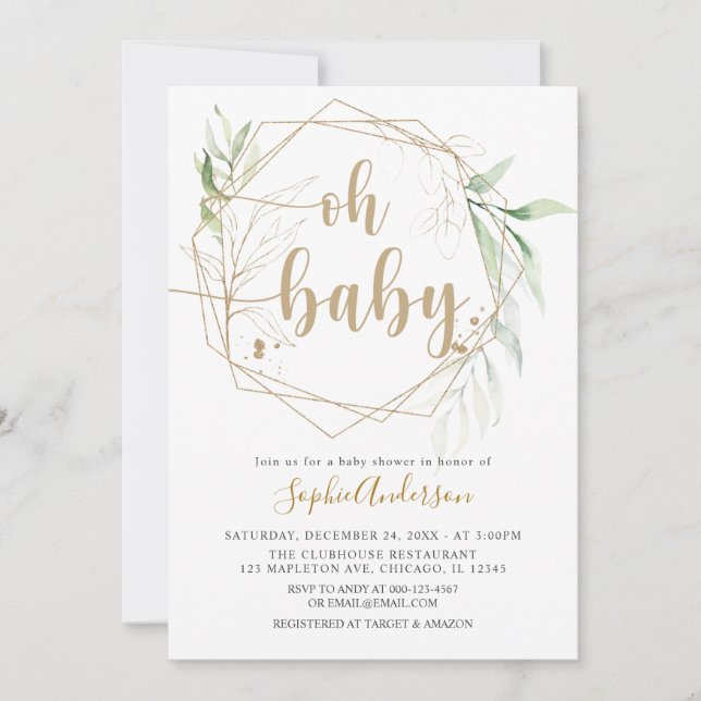 Greenery Sage and Gold Oh Baby Baby Shower Invitation (Front)