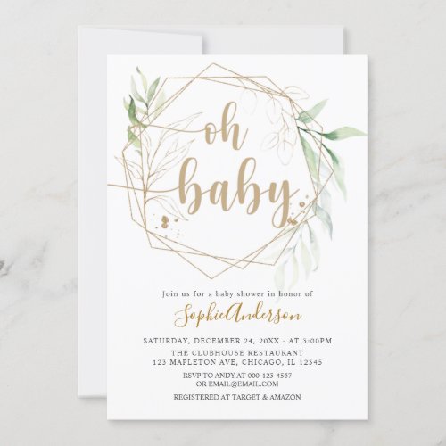 Greenery Sage and Gold Oh Baby Baby Shower Invitation